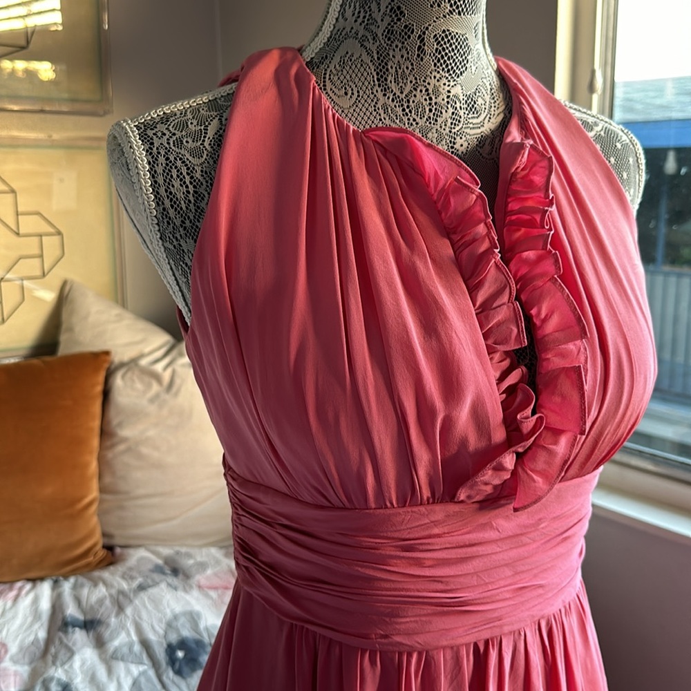 Kay Unger Pink Silk Ruffle Ruched Cocktail Dress, Deep V-Neck & Back Opening - Picture 2 of 11